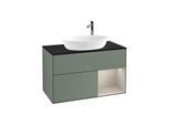 Villeroy und Boch Finion Waschtischunterschrank G902HHGM 100cm, Abdeckplatte black matt, Emotion, Regale sand matt lacquer, Olive Matt Lacquer