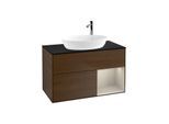 Villeroy und Boch Finion Waschtischunterschrank F902HHGN 100cm, Abdeckplatte black matt, Regale sand matt lacquer, Walnut veneer