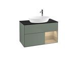 Villeroy und Boch Finion Waschtischunterschrank G902PCGM 100cm, Abdeckplatte black matt, Emotion, Regale Oak Veneer, Olive Matt Lacquer