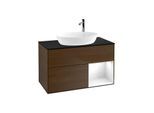 Villeroy und Boch Finion Waschtischunterschrank F902GFGN 100cm, Abdeckplatte black matt, Regale Glossy white lacquer, Walnut veneer