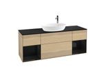 Villeroy und Boch Finion Waschtischunterschrank F982PHPC 160cm, Abdeckplatte black matt, Regale Glossy black lacquer, Oak Veneer
