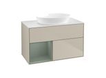Villeroy und Boch Finion Waschtischunterschrank GA11GMHH 100cm, Abdeckplatte white matt, Emotion, Regale Olive matt lacquer, Sand Matt Lacquer