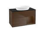 Villeroy und Boch Finion Waschtischunterschrank GA22GNGN 100cm, Abdeckplatte black matt, Emotion, Regale Walnut Veneer, Walnut veneer