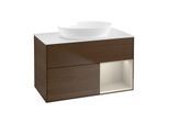 Villeroy und Boch Finion Waschtischunterschrank GA21HHGN 100cm, Abdeckplatte white matt, Emotion, Regale sand matt lacquer, Walnut veneer