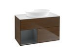 Villeroy und Boch Finion Waschtischunterschrank FA11HGGN 100cm, Abdeckplatte white matt, Regale Midnight matt lacquer, Walnut veneer