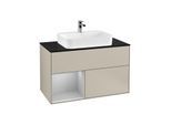 Villeroy und Boch Finion Waschtischunterschrank F362GJHH 100cm, Abdeckplatte black matt, Regal links Light grey matt, Sand Matt Lacquer