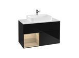 Villeroy und Boch Finion Waschtischunterschrank F361PCPH 100cm, Abdeckplatte white matt, Regal links Oak Veneer, Glossy Black Lacquer
