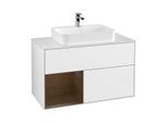 Villeroy und Boch Finion Waschtischunterschrank F361GNGF 100cm, Abdeckplatte white matt, Regal links Walnut veneer, Glossy white lacquer
