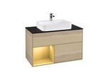 Villeroy und Boch Finion Waschtischunterschrank F362HFPC 100cm, Abdeckplatte black matt, Regal links Gold matt, Oak Veneer