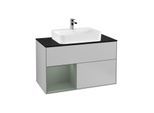 Villeroy und Boch Finion Waschtischunterschrank F362GMGJ 100cm, Abdeckplatte black matt, Regal links Olive Matt Lacquer, Light grey matt