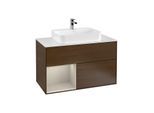 Villeroy und Boch Finion Waschtischunterschrank G361HHGN 100cm, Abdeckplatte white matt, Emotion, Regal links Sand Matt Lacquer, Walnut veneer