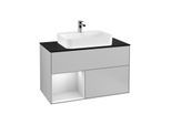 Villeroy und Boch Finion Waschtischunterschrank F362MTGJ 100cm, Abdeckplatte black matt, Regal links White matt lacquer, Light grey matt