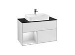 Villeroy und Boch Finion Waschtischunterschrank F362MTMT 100cm, Abdeckplatte black matt, Regal links White matt lacquer, White matt lacquer