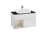 Villeroy und Boch Finion Waschtischunterschrank F362HHMT 100cm, Abdeckplatte black matt, Regal links Sand Matt Lacquer, White matt lacquer