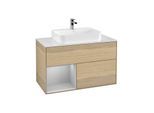 Villeroy und Boch Finion Waschtischunterschrank F361GJPC 100cm, Abdeckplatte white matt, Regal links Light grey matt, Oak Veneer