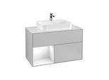 Villeroy und Boch Finion Waschtischunterschrank F361GFGJ 100cm, Abdeckplatte white matt, Regal links Glossy white lacquer, Light grey matt