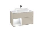 Villeroy und Boch Finion Waschtischunterschrank G361GFHH 100cm, Abdeckplatte white matt, Emotion, Regal links Glossy white lacquer, Sand Matt Lacquer