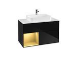 Villeroy und Boch Finion Waschtischunterschrank G361HFPH 100cm, Abdeckplatte white matt, Emotion, Regal links Gold matt, Glossy Black Lacquer