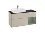 Villeroy und Boch Finion Waschtischunterschrank F402GMHH 120cm, Abdeckplatte black matt, Regal rechts Olive Matt Lacquer, Sand Matt Lacquer