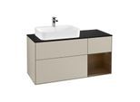 Villeroy und Boch Finion Waschtischunterschrank F402GNHH 120cm, Abdeckplatte black matt, Regal rechts Walnut veneer, Sand Matt Lacquer