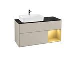 Villeroy und Boch Finion Waschtischunterschrank F402HFHH 120cm, Abdeckplatte black matt, Regal rechts Gold matt, Sand Matt Lacquer