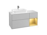 Villeroy und Boch Finion Waschtischunterschrank F401HFGJ 120cm, Abdeckplatte white matt, Regal rechts Gold matt, Light grey matt
