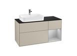 Villeroy und Boch Finion Waschtischunterschrank F402GJHH 120cm, Abdeckplatte black matt, Regal rechts Light grey matt, Sand Matt Lacquer