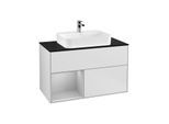 Villeroy und Boch Finion Waschtischunterschrank G362GJMT 100cm, Abdeckplatte black matt, Emotion, Regal links Light grey matt, White matt lacquer