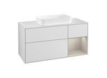 Villeroy und Boch Finion Waschtischunterschrank F301HHMT 120cm, Abdeckplatte white matt, Regal rechts Sand Matt, White matt lacquer