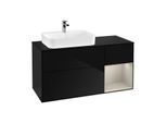 Villeroy und Boch Finion Waschtischunterschrank G402HHPH 120cm, Abdeckplatte black matt, Emotion, Regal rechts Sand Matt, Glossy Black Lacquer