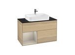 Villeroy und Boch Finion Waschtischunterschrank G362HHPC 100cm, Abdeckplatte black matt, Emotion, Regal links Sand Matt Lacquer, Oak Veneer