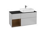 Villeroy und Boch Finion Waschtischunterschrank F392GNGJ 120cm, Abdeckplatte black matt, Regal links Walnut veneer, Light grey matt