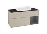 Villeroy und Boch Finion Waschtischunterschrank G302GKHH 120cm, Abdeckplatte black matt, Emotion, Regal rechts Anthracite matt, Sand Matt Lacquer