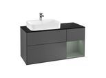 Villeroy und Boch Finion Waschtischunterschrank F402GMGK 120cm, Abdeckplatte black matt, Regal rechts Olive Matt Lacquer, Anthracite matt