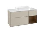 Villeroy und Boch Finion Waschtischunterschrank F301GNHH 120cm, Abdeckplatte white matt, Regal rechts Walnut veneer, Sand Matt Lacquer