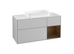 Villeroy und Boch Finion Waschtischunterschrank F301GNGJ 120cm, Abdeckplatte white matt, Regal rechts Walnut veneer, Light grey matt