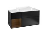 Villeroy und Boch Finion Waschtischunterschrank G291GNPD 120cm, Abdeckplatte white matt, Emotion, Regal links Walnut veneer, Black matt lacquer