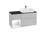 Villeroy und Boch Finion Waschtischunterschrank G392GFGJ 120cm, Abdeckplatte black matt, Emotion, Regal links Glossy white lacquer, Light grey matt