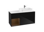 Villeroy und Boch Finion Waschtischunterschrank F391GNPH 120cm, Abdeckplatte white matt, Regal links Walnut veneer, Glossy Black Lacquer