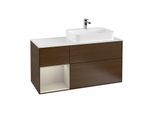 Villeroy und Boch Finion Waschtischunterschrank G391HHGN 120cm, Abdeckplatte white matt, Emotion, Regal links Sand Matt Lacquer, Walnut veneer