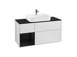 Villeroy und Boch Finion Waschtischunterschrank F412PHMT 120cm, Abdeckplatte black matt, Regal links Glossy Black Lacquer, White matt lacquer