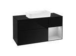 Villeroy und Boch Finion Waschtischunterschrank F302GJPH 120cm, Abdeckplatte black matt, Regal rechts Light grey matt, Glossy Black Lacquer