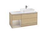 Villeroy und Boch Finion Waschtischunterschrank F391HHPC 120cm, Abdeckplatte white matt, Regal links Sand Matt Lacquer, Oak Veneer