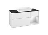 Villeroy und Boch Finion Waschtischunterschrank F302MTGF 120cm, Abdeckplatte black matt, Regal rechts White matt lacquer, Glossy white lacquer