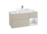 Villeroy und Boch Finion Waschtischunterschrank F421MTHH 120cm, Abdeckplatte white matt, Regal rechts White matt lacquer, Sand Matt Lacquer