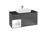 Villeroy und Boch Finion Waschtischunterschrank F412GFGK 120cm, Abdeckplatte black matt, Regal links Glossy white lacquer, Anthracite matt