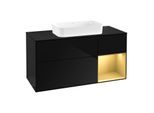Villeroy und Boch Finion Waschtischunterschrank G302HFPH 120cm, Abdeckplatte black matt, Emotion, Regal rechts Gold matt, Glossy Black Lacquer