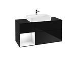 Villeroy und Boch Finion Waschtischunterschrank F412GFPH 120cm, Abdeckplatte black matt, Regal links Glossy white lacquer, Glossy Black Lacquer