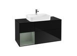 Villeroy und Boch Finion Waschtischunterschrank F412GMPH 120cm, Abdeckplatte black matt, Regal links Olive Matt Lacquer, Glossy Black Lacquer