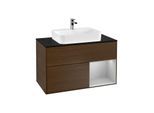 Villeroy und Boch Finion Waschtischunterschrank G372GJGN 100cm, Abdeckplatte black matt, Emotion, Regal rechts Light grey matt, Walnut veneer